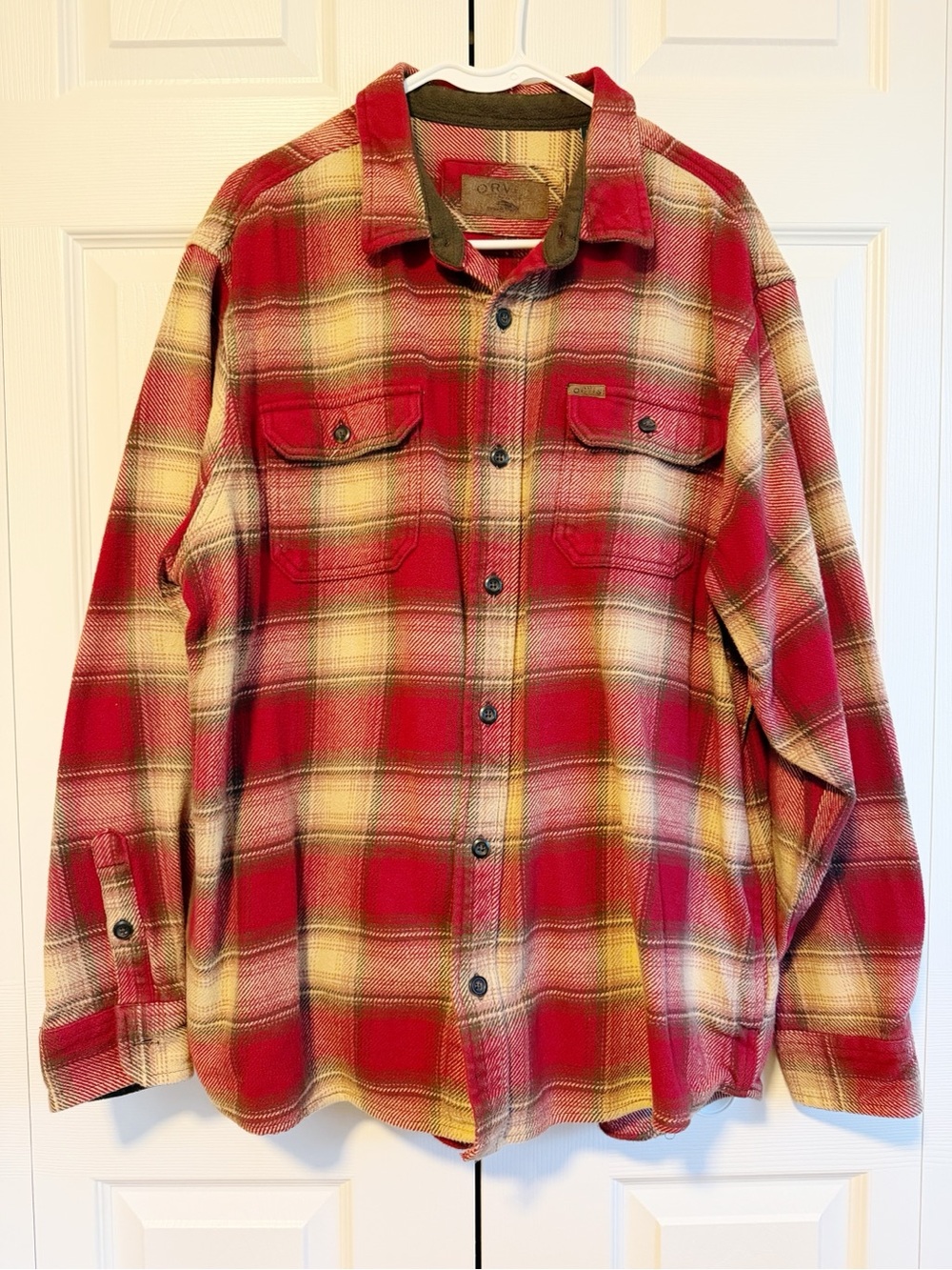 ORVIS Men’s Red and Cream Flannel Plaid Button Up Shirt Jacket | Size XXL